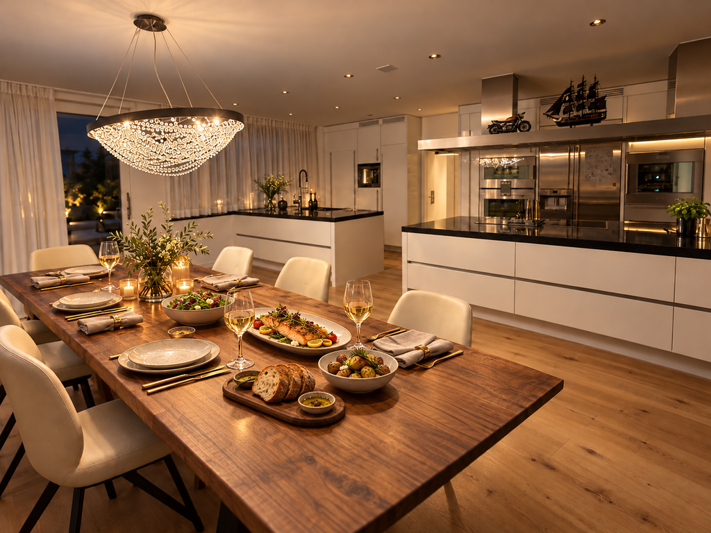 Modern white kitchen with a large wooden dining table, elegantly arranged dishes and warm lighting.